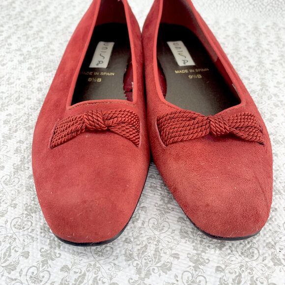 Vintage Unisa Womens Red Suede Flats Slip On Shoes Size 9.5B Roped Bow - Picture 9 of 16